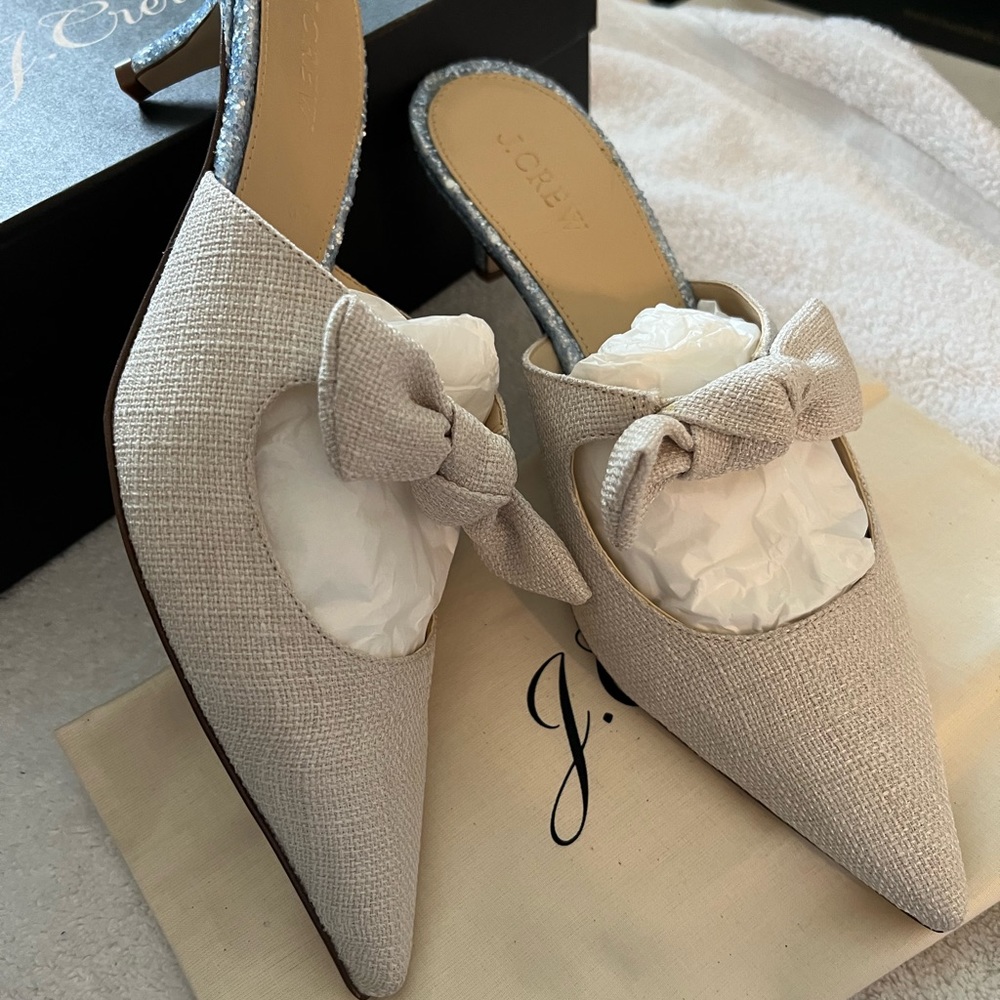 NIB J Crew Linen Tie Slide Kitten Glitter Heel Rare Gorgeous.